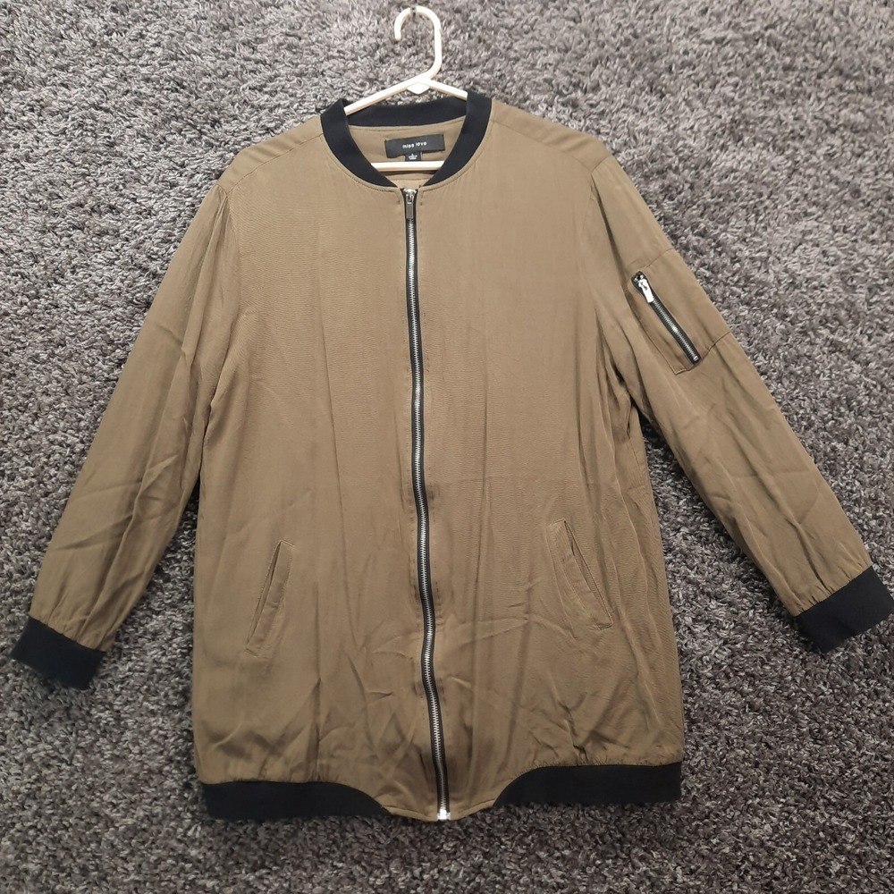 Miss Love Jacket Women Large Lightweight Full Zip Lined Rayon Shell Olive Green